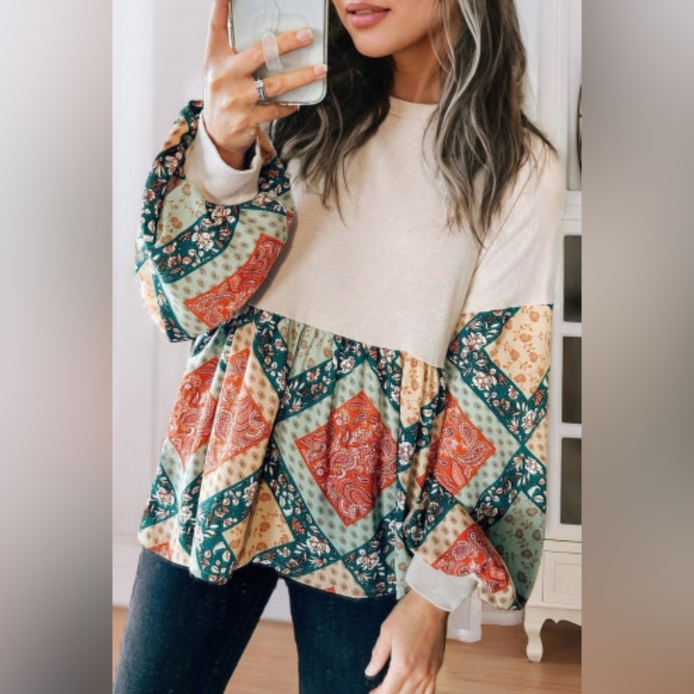 Bohemian Floral Patchwork Long Sleeve Crew Neck Top